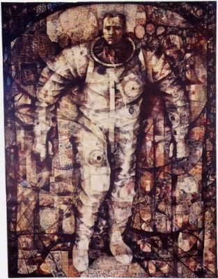  Los primeros pasos, pintura de  Mitchell Jamieson, captura el momento en que el astronauta Gordon Cooper sale de su nave espacial después de su misión e 1963. Imagen cortesía del Museo Nacional Smithsonian del Aire y el Espacio.  